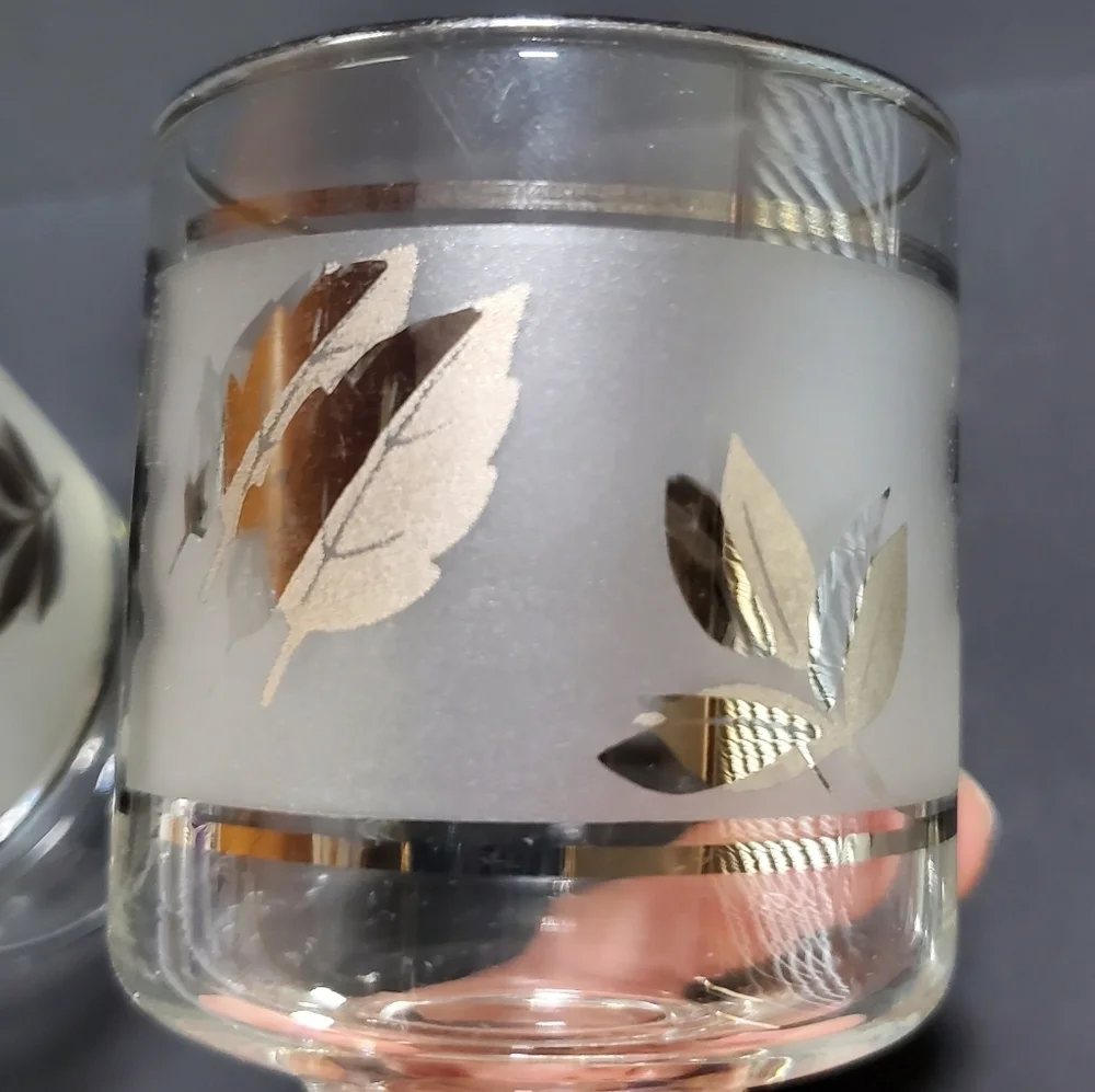 Libbey Vintage Silver Leaf Frosted Glass Pitcher & Pillar Glasses Cocktail Set